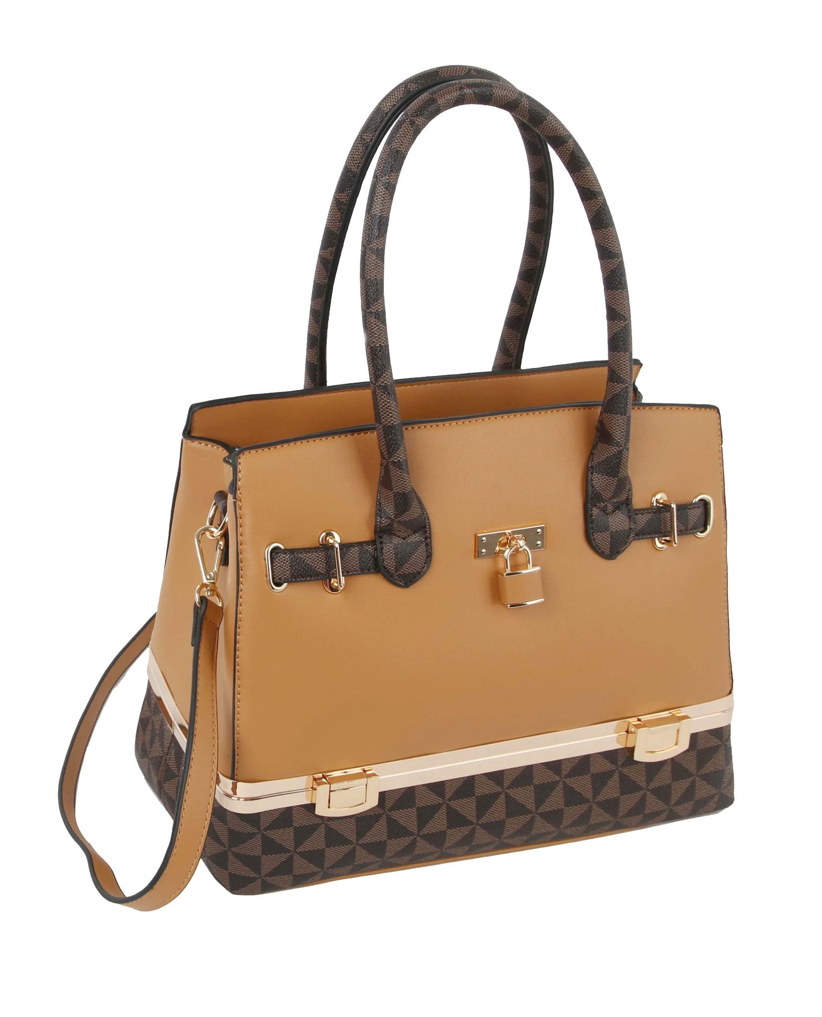 Satchel Handbag(Le Miel colorblock padlock satchel in brown faux leather.)