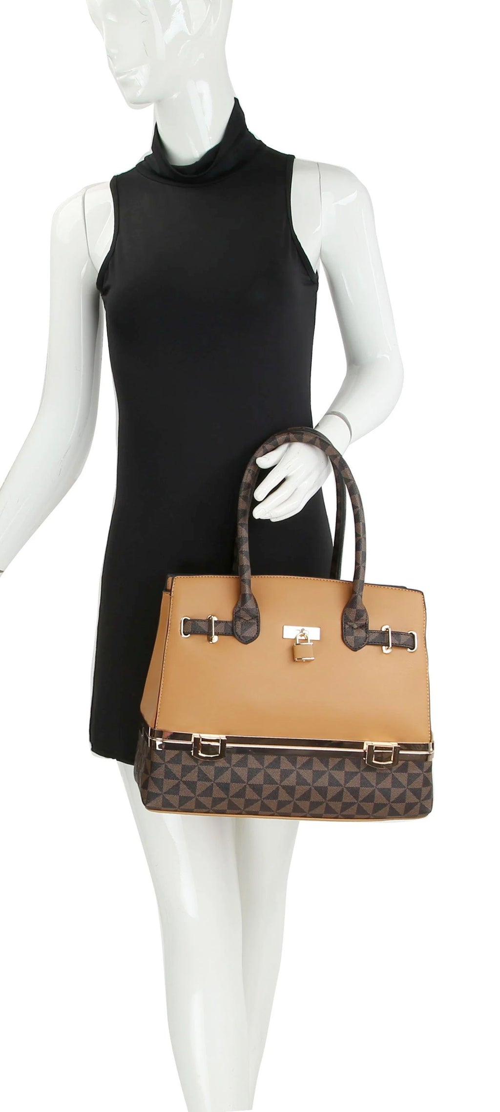 Satchel Handbag(Le Miel colorblock padlock satchel in brown faux leather.)