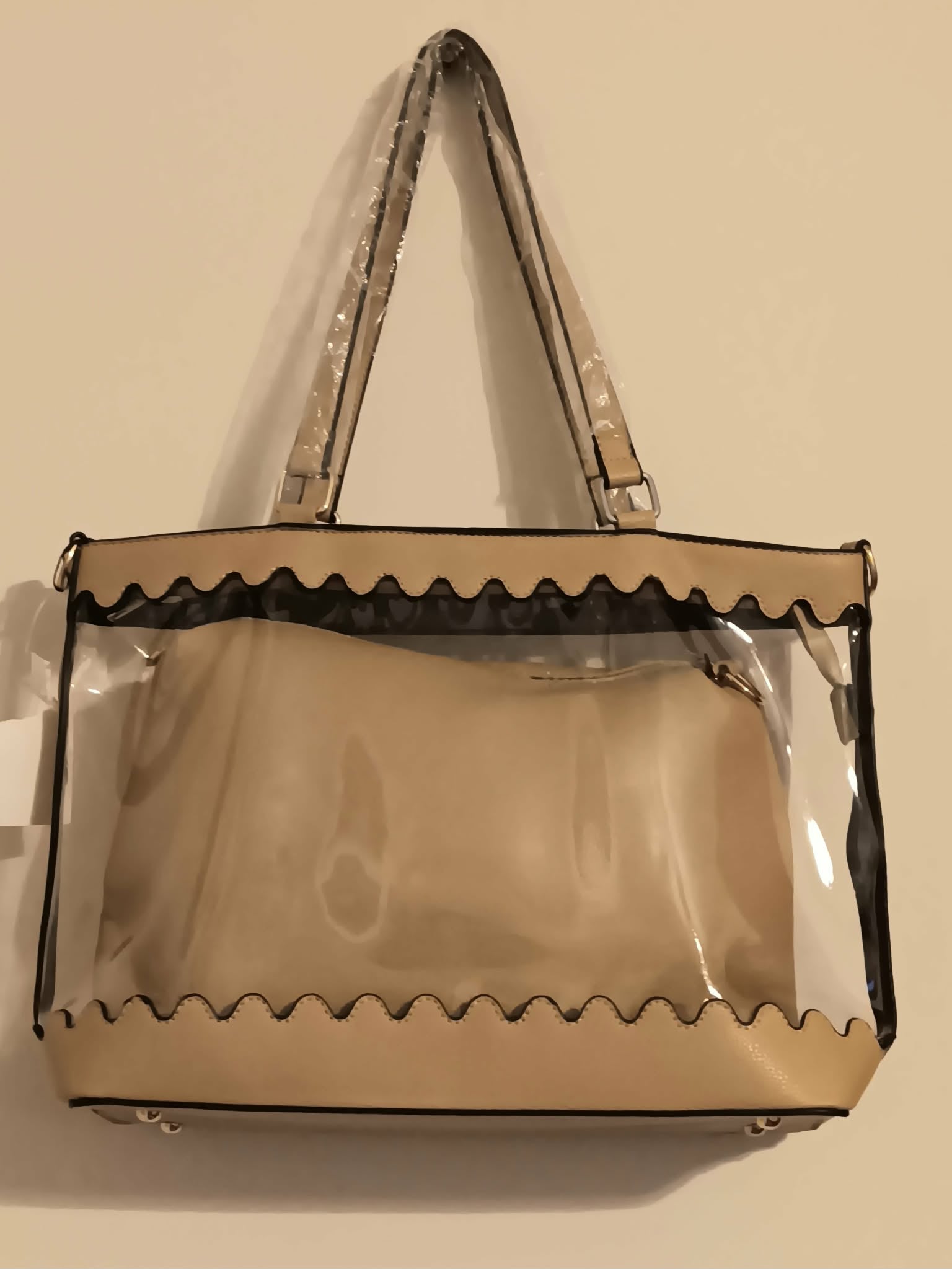 Tote Bag Clear with beige interior w/pouch